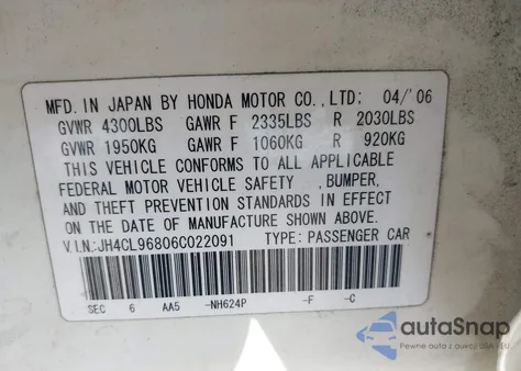 2006 Acura Tsx z USA, uszkodzony, nr VIN JH4CL96806C022091